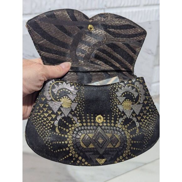 Vintage Black Silver Gold with Inside Mirror Fabric Evening Belt Bag - Picture 2 of 7